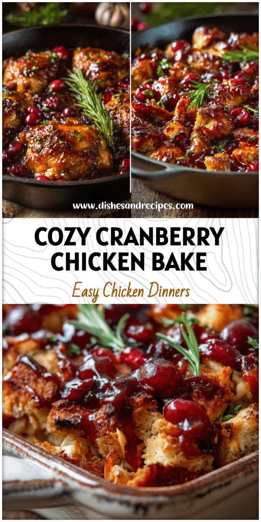 Golden baked cranberry chicken casserole topped with glaze and fresh herbs in a rustic pan.